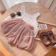 女童套装2024夏季女宝宝韩版时尚背心上衣，灯笼短裤套装两件套