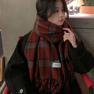 红色围巾女冬季过年2023格子，围脖秋高级感披肩氛围感韩系保暖