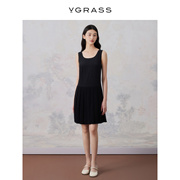vgrass法式黑色高级感真丝，无袖连衣裙女夏季垂坠感vsl2o24010