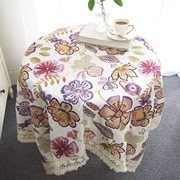 140X140cm高档刺绣花朵餐桌布 美式田园复古花卉棉麻布艺茶几台布