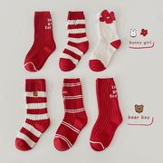 新年款红色儿童袜子秋冬纯棉，男童女童条纹，中筒袜潮宝宝冬季棉袜