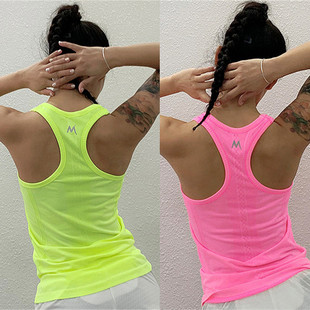 荧光色彩色运动背心，女修身外穿工字瑜伽上衣无袖，速干t恤跑步健身
