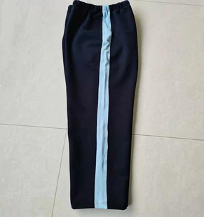春秋季中小学生深蓝色休闲裤，拼接宽浅蓝杠，宽松直筒运动裤