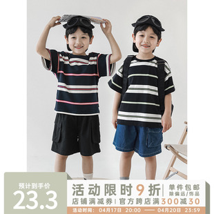 幼悠夏季男童圆领宽松简约时尚条纹短袖，t恤2024儿童休闲上衣