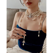 欧美复古西太后珍珠项链女高级感不对称长款锁骨链多佩戴土星颈链