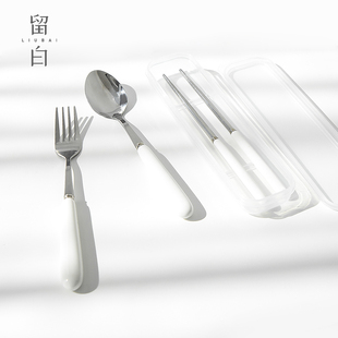 简约白色陶瓷柄304不锈钢便携餐具 学生勺子筷子便携餐具三件套装