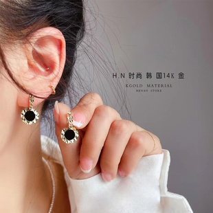 韩国进口纯10K金耳环女 圆形黑丝玛瑙闪亮切面时尚耳圈耳扣百搭款