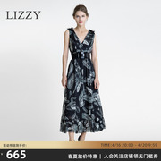 LIZZY2023新羽毛印花V领无袖收腰荷叶边长款连衣裙女裙子配腰带