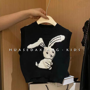 韩国童装24春季女童，洋气可爱小兔子针织马甲儿童，宽松百搭套头毛衣