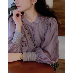 Ramesse  普罗旺斯 薄纱烟紫色复古钩花拼接灯笼袖天丝长袖衬衫