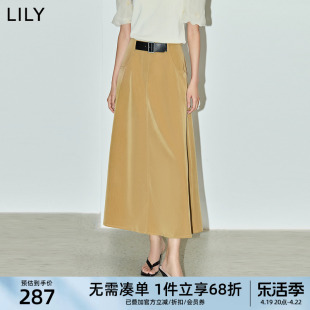 lily2024春女装复古都市，通勤拼接个性皮质腰带，高腰直筒半身裙