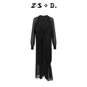 ZS+DV领不规则希腊女神长裙秋季极简质感收腰压褶连衣裙661D785Z