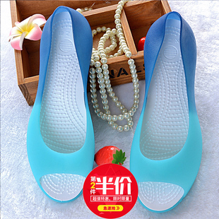 韩版凉鞋女夏水晶塑料鱼嘴果冻鞋百搭平底坡跟防滑洞洞沙滩鞋