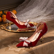 水钻婚鞋女秀禾服婚纱，两穿2023年中式新娘，鞋红色高跟鞋不累脚