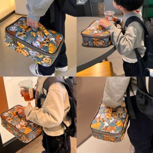 小学生四格五格扁平饭盒袋防水保温便当包手拎卡通儿童分格餐盘袋