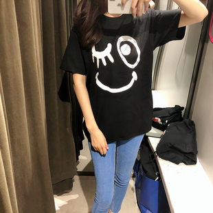 minicream小众笑脸黑色t恤女短袖重磅纯棉宽松显瘦潮上衣亲子tee