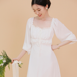 tansshop法式优雅白色，连衣裙雪纺纯色长袖荷叶，边方领中长款晨袍