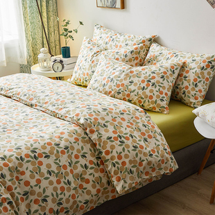 田园风纯棉床上四件套，植物花卉全棉斜纹被套，宿舍床单三件套床笠式