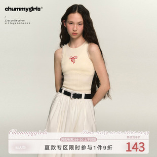 chummygirls24ss镂空蝴蝶结，刺绣薄款针织弹力，打底奶油挖肩背心女