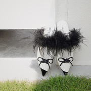 BIUCILI微风系列 原创设计师小众尖头鸵鸟毛平底蝴蝶结穆勒女拖鞋