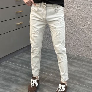 浅灰色牛仔裤男修身小脚破洞补丁九分裤2025夏季新款时尚泼墨裤子