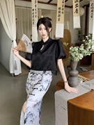 黑色新中式国风泡泡短袖衬衫女夏季镂空设计感小众上衣开叉半身裙