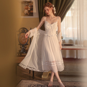 宫廷仙女短袖睡裙女夏性感网纱公主风吊带睡衣两件套白色新婚晨袍