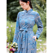 仙衣裾原创设计师高级感蓝色提花连衣裙衬衫领长袖气质女士长裙子