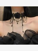 黑色蕾丝脖子配饰装饰项链女项圈流苏吊坠玫瑰花颈带choker暗黑系