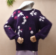 秋冬深紫复古花朵钉珠安哥拉兔毛圆领宽松灯笼长袖套头毛衣女d265