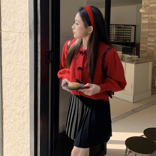 红色氛围感蝴蝶结毛衣开衫女春季季灯笼袖设计感针织外套短款上衣