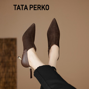 tataperko联名真皮尖头，深口单鞋法式小踝靴女细跟绒面包脚高跟鞋