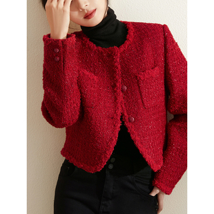 辰蕴名媛气质新年红冬季小香风，通勤羊毛混纺上衣轻奢短外套