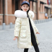 冬季儿童羽绒服童装女童外套，白鸭绒(白鸭绒)中长款毛领洋气加厚免洗面包服