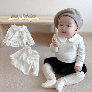 韩版ins婴儿童t恤2024春装纯色娃娃领长袖打底衫百搭长袖宝宝上衣