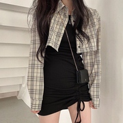 韩国chic复古简约短款长袖，格子衬衫外套+修身抽绳吊带连衣裙女春