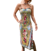 d24ds065欧美跨境女装夏季复古优雅玫瑰印花吊带，开叉长连衣裙