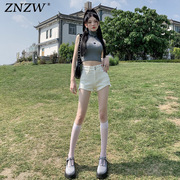znzw白色美式高腰牛仔短裤女2024年春季设计感显瘦a字热裤子