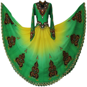 新疆维吾尔族风舞蹈演出服大摆连衣裙绿黄色渐变色连体裙刺绣镶钻