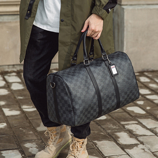 韩版男女士大容量短途旅游出差行李袋潮流，黑格子手提包单肩包