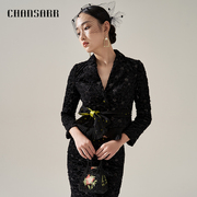 香莎chansarr复古气质黑色珠片绣花外套肌理，感修身短款小西装