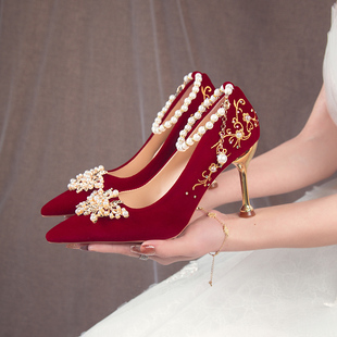 红色订婚鞋新娘鞋秀禾婚纱两穿2024中式孕妇敬酒服高跟鞋细跟
