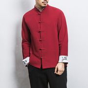 春秋季红色唐装外套男潮中国风仙鹤刺绣衬衫，男长袖立领盘扣中山装