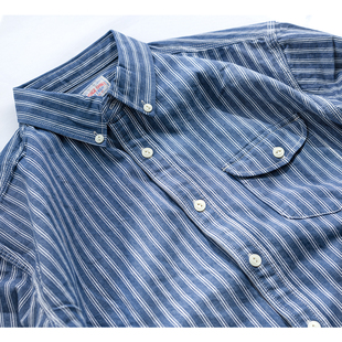 日系复古牛仔蓝色竖条纹衬衫，男士纯棉宽松情侣，休闲衬衣外套设计感