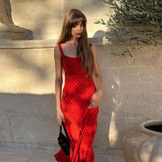 真丝长裙 南法浪漫复古红波点设计感小众性感吊带鱼尾斜裁连衣裙