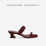 Giuseppe ZanottiGZ女士FW23秋冬水钻方头马碲跟低跟凉鞋