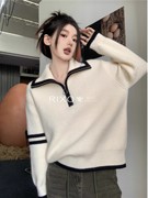 RIXO EXIT法式撞色条纹翻领针织衫女宽松慵懒风加厚保暖套头毛衣