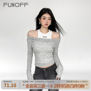 FUNOFF 美式格雷系辣妹灰色撞色长袖两件套简约休闲百搭露肩上衣