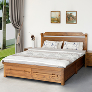 新中式榆木床厚重款，时尚家具田园带抽屉，储物箱体1.8米实木双人床