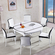 实木餐桌椅组合现代简约钢化玻璃圆桌家用小户型，可伸缩多功能